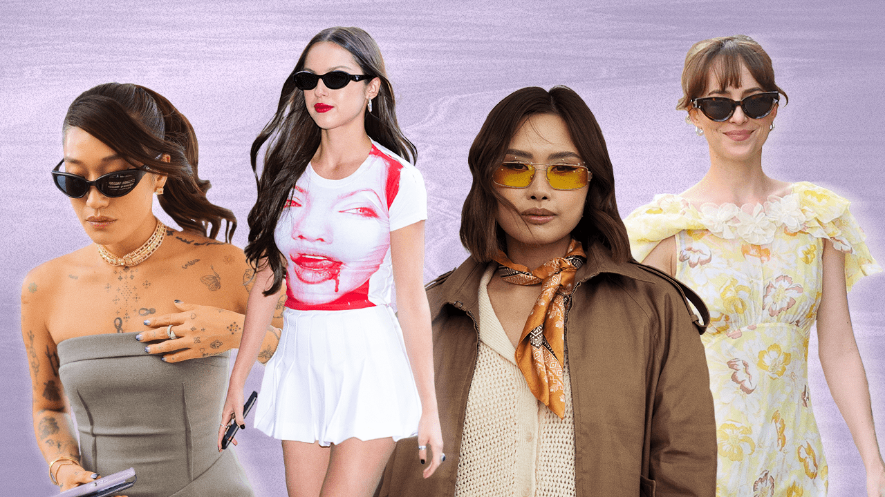 Olivia Rodrigo, Dakota Johnson, and fashion week influencers wearing various sunglasses trends.