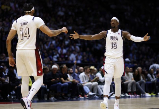 Bam Adebayo of The United States reacts during the 2024 USA Basketball Showcase match between USA and Germany at The O2 Arena on July 22, 2024 in London, England.