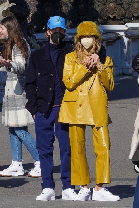 Singer Justin bieber and wife Hailey Baldwin Bieber are seen strolling on the Pont Alexandre III on February 28, 2021 in Paris, France.