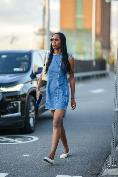STYLECASTER | Back to School Outfit, Denim dress adn ballet flats.