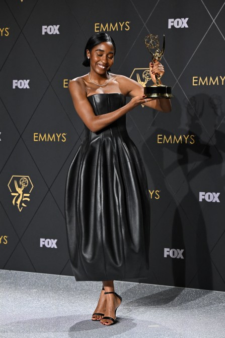 Outstanding Supporting Actress in a Comedy Series Ayo Edebiri, The Bear, poses in the press room during the 75th Emmy Awards at the Peacock Theatre at L.A. Live in Los Angeles on January 15, 2024.