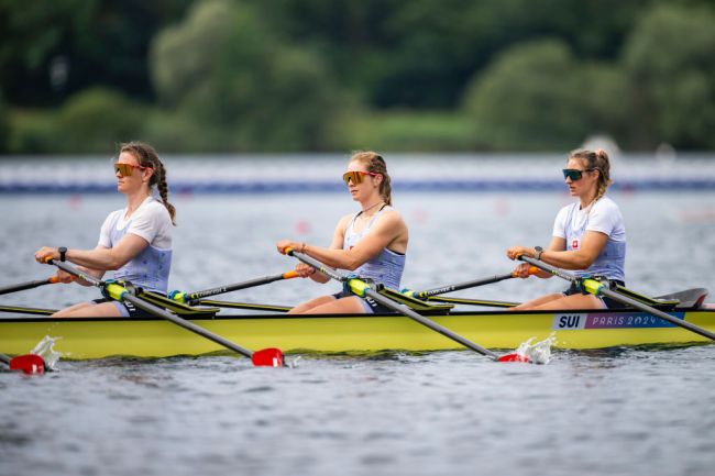 PARIS, FRANCE - JULY 25: Pascale Walker of Switzerland, Celia Dupre of Switzerland, and Fabienne Schweizer of Switzerland during a practice sessions in the Women's quadruple sculls at the rowing venue at Vaires-Sur-Marne Nautical Stadium ahead of the Paris 2024 Olympic Games on July 25, 2024 in Paris, France. (Photo by Kevin Voigt/GettyImages)