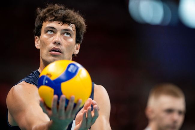 Micah Ma'a of USA seen in action during the Volleyball International Friendly Tournament match between Poland and USA at the Ergo Arena on July 21, 2024 in Gdansk, Poland.