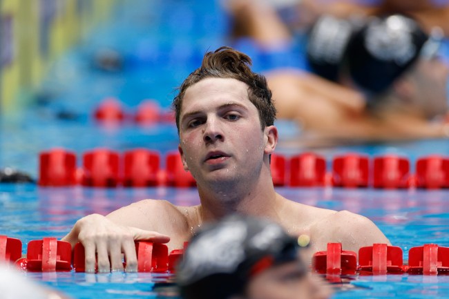 Charlie Swanson of the United States reacts after the Men's 100m breaststroke semifinal on Day One of the 2024 U.S. Olympic Team Swimming Trials at Lucas Oil Stadium on June 15, 2024 in Indianapolis, Indiana.