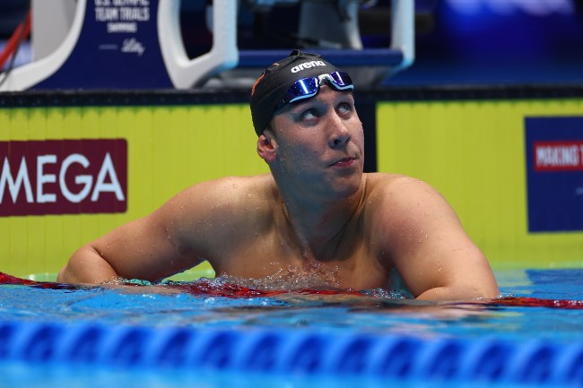 INDIANAPOLIS, INDIANA - JUNE 20: Chase Kalisz of the United States reacts after the Men's 200m individual medley on Day Six of the 2024 U.S. Olympic Team Swimming Trials at Lucas Oil Stadium on June 20, 2024 in Indianapolis, Indiana.