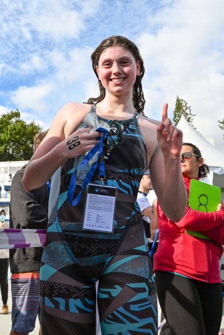 Claire Weinstein of United States celebrates the victory of the competetition during the 10km women's race of the World Aquatics Open Water Swimming World Cup 2023 - Funchal on December 2, 2023 in Funchal, Madeira, Portugal.