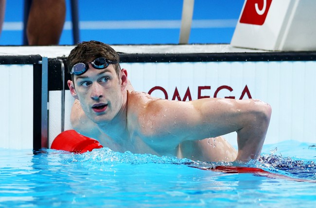 Hunter Armstrong of Team United States reacts after competing in the Men’s 100m Backstroke Heats on day two of the Olympic Games Paris 2024 at Paris La Defense Arena on July 28, 2024 in Nanterre, Franc