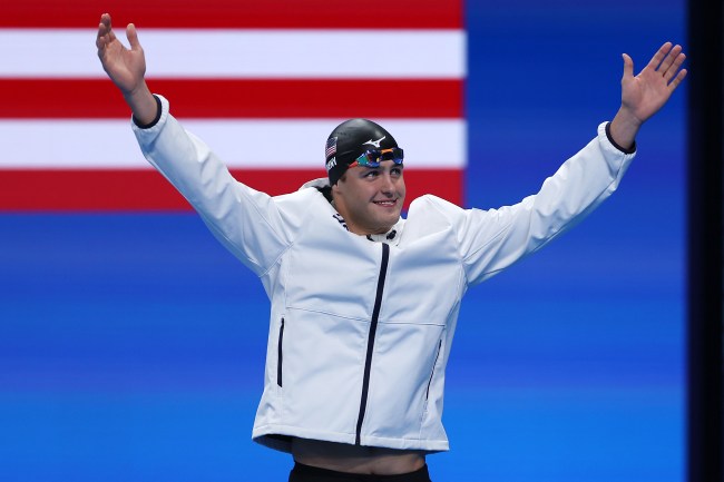 Josh Matheny of Team United States walks out ahead of the Men's 200m Breaststroke Semifinals on day four of the Olympic Games Paris 2024 at Paris La Defense Arena on July 30, 2024 in Nanterre, France.