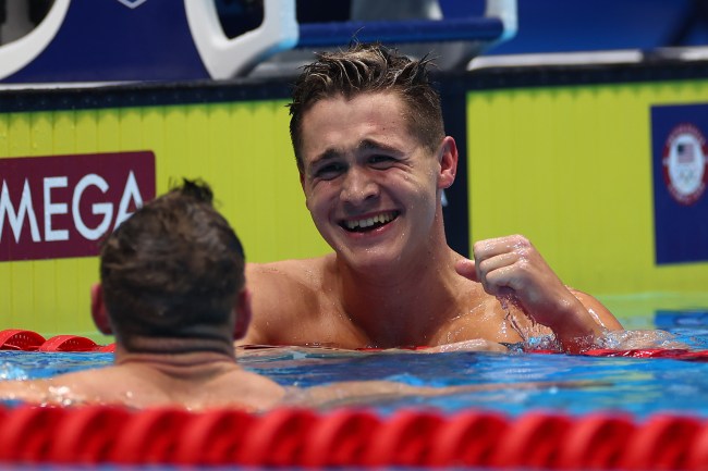 Keaton Jones of the United States celebrates after the Men's 200m backstroke final on Day Six of the 2024 U.S. Olympic Team Swimming Trials at Lucas Oil Stadium on June 20, 2024 in Indianapolis, Indiana.