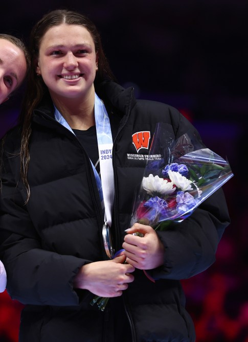 Phoebe Bacon of the United States look on during the medal ceremony for the Women's 200m backstroke final on Day Seven of the 2024 U.S. Olympic Team Swimming Trials at Lucas Oil Stadium on June 21, 2024 in Indianapolis, Indiana.