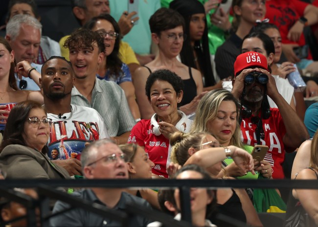 Family members of Simone Biles of Team United States, (L-R) her husband Jonathan Owens and parents Nellie and Ronald Biles look on prior to the Artistic Gymnastics Women's Team Final on day four of the Olympic Games Paris 2024 at Bercy Arena on July 30, 2024 in Paris, France.