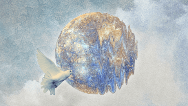 A dove flying over a light blue sky and planet Mercury, which is becoming fragmented and morphed thanks to this retrograde