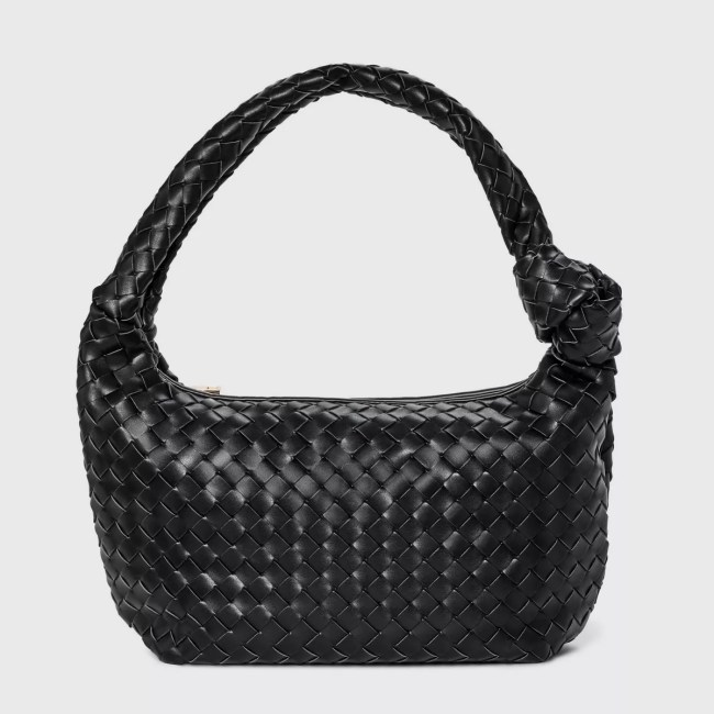 Black woven handbag with a knotted handle