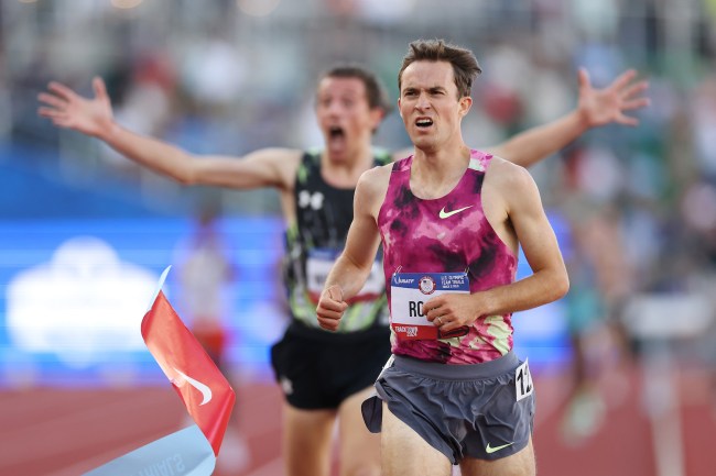 Kenneth Rooks and Matthew Wilkinson cross the finish line in the men's 3000 meter steeplechase final on Day Three 2024 U.S. Olympic Team Trials Track & Field at Hayward Field on June 23, 2024 in Eugene, Oregon.