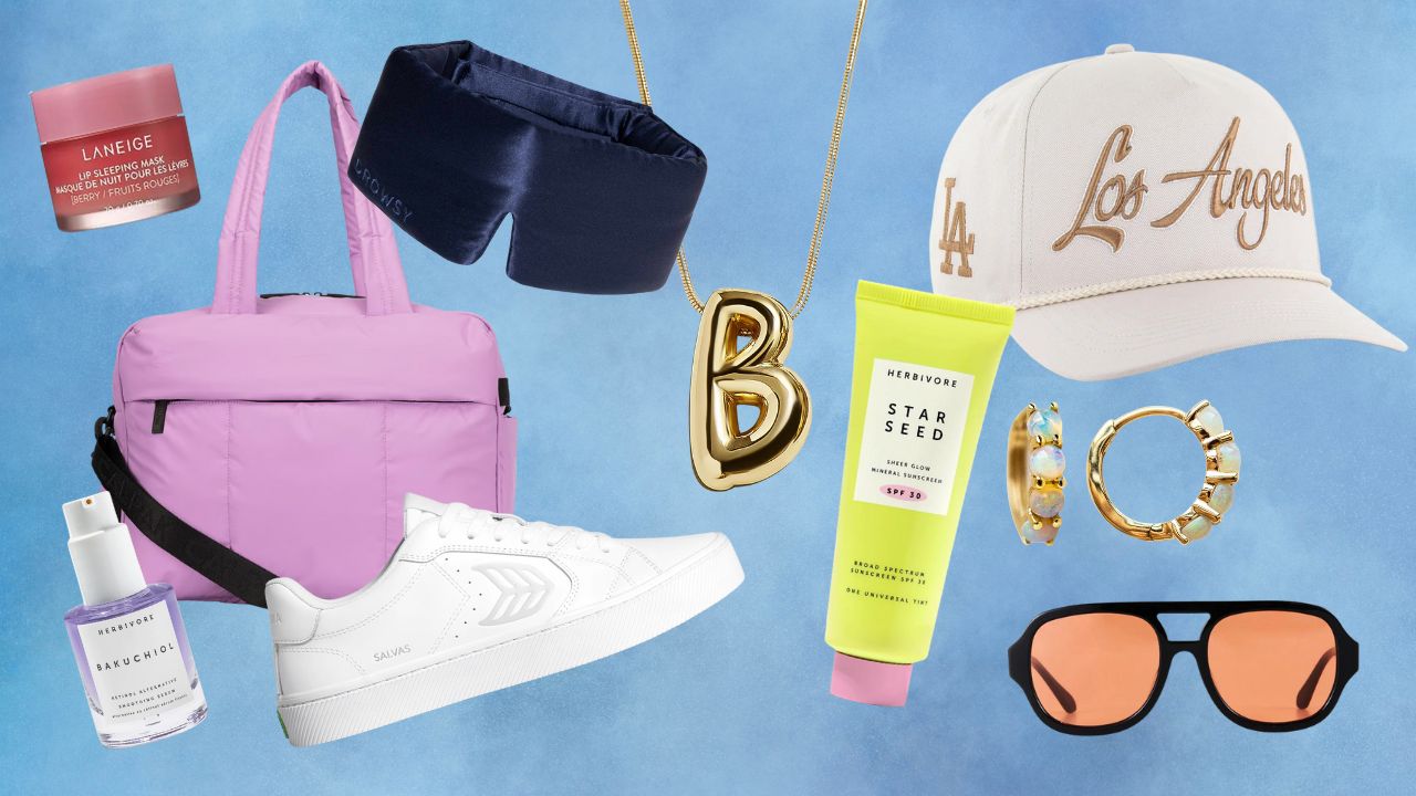 From left to right: LANEIGE lip mask, CALPAK duffel bag, Drowsy sleep mask, Herbivore Botanicals serum, Cariuma sneakers, "B" BaubleBar necklace, Herbivore sunscreen, Opal hoops, Poppy Lissiman sunglasses, Los Angeles baseball hat.