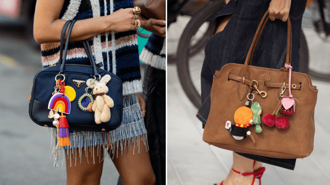 Left: Caetana Botelho Afonso wears Prada bag outside Munthe during day four of the Copenhagen Fashion Week (CPHFW) SS25 on August 08, 2024 in Copenhagen, Denmark. Right: Renia Jaz wears white T-shirt, navy blue skirt, brown bag with accessories and sunglasses outside the Marimekko show during day four of the Copenhagen Fashion Week (CPHFW) SS25 on August 08, 2024 in Copenhagen, Denmark.