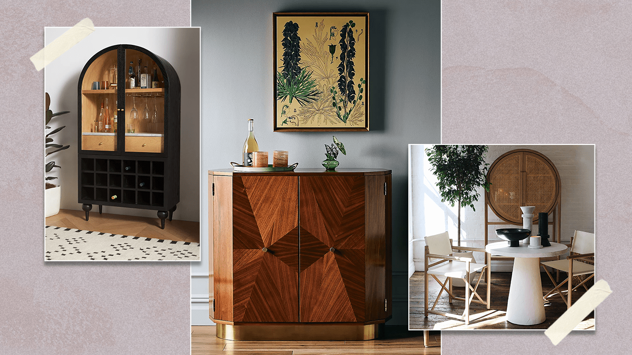Left to Right: Anthropologie black arched wood bar cabinet; Anthropologie brown wood bar cabinet, Crate & Barrel circular natural cane bar cabinet.