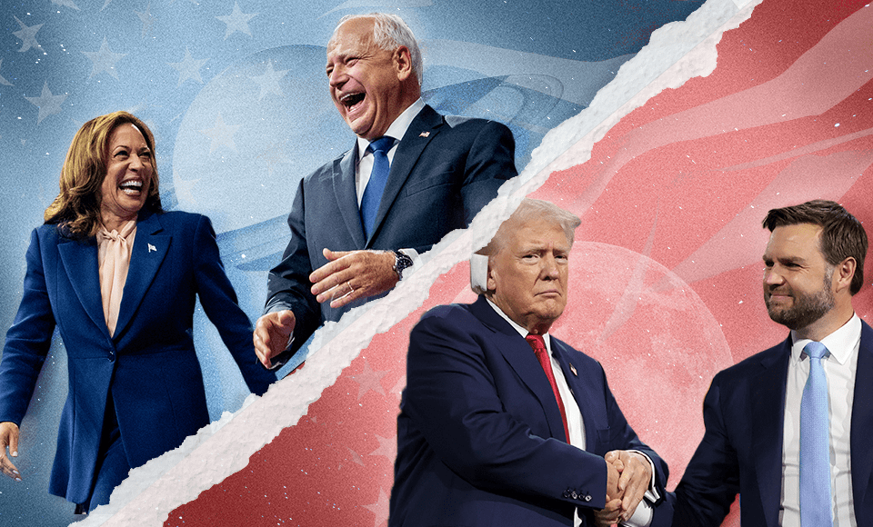 A image of Kamala Harris and Tim Walz in front of a blue background, on top of Donald Trump and JD Vance over a red background