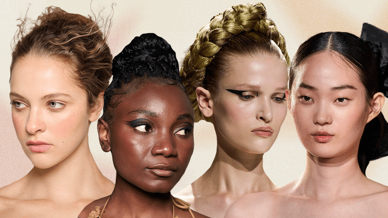 A collage of fashion week models wearing blush.