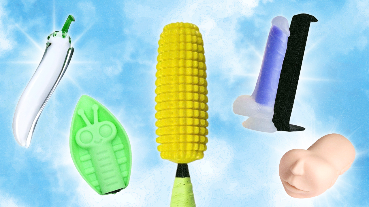 Various weird sex toys over a blue sky backdrop