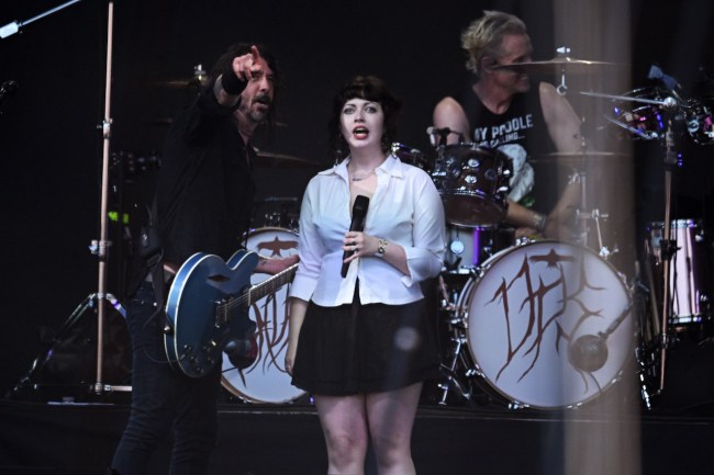 Dave Grohl of Foo Fighters and his daughter Violet Maye Grohl perform as part of the mystery band "The Churnups" on Day 3 of Glastonbury Festival 2023 on June 23, 2023 in Glastonbury, England.