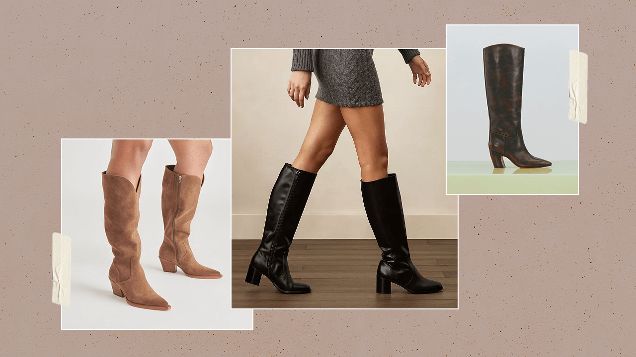Left to Right: Dolce Vita tan suede knee-high western wide-calf boots, Stuart Weitzman black leather knee-high wide-calf heeled boots, Vince Camuto dark brown leather knee-high wide-calf heeled boots.