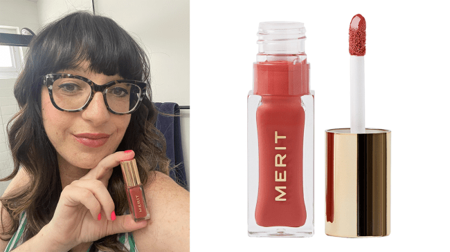 Left: Gina is wearing the Merit Beauty Shade Slick in Pink Beet; Right: the Merit Beauty Shade Slick in Pink Beet.