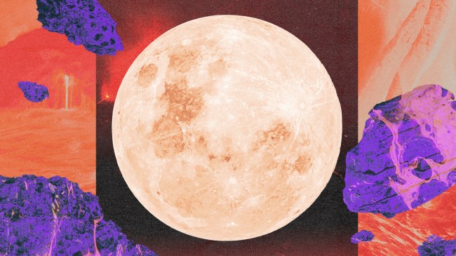 A full moon in front of an orange red backdrop with purple comets surrounding it