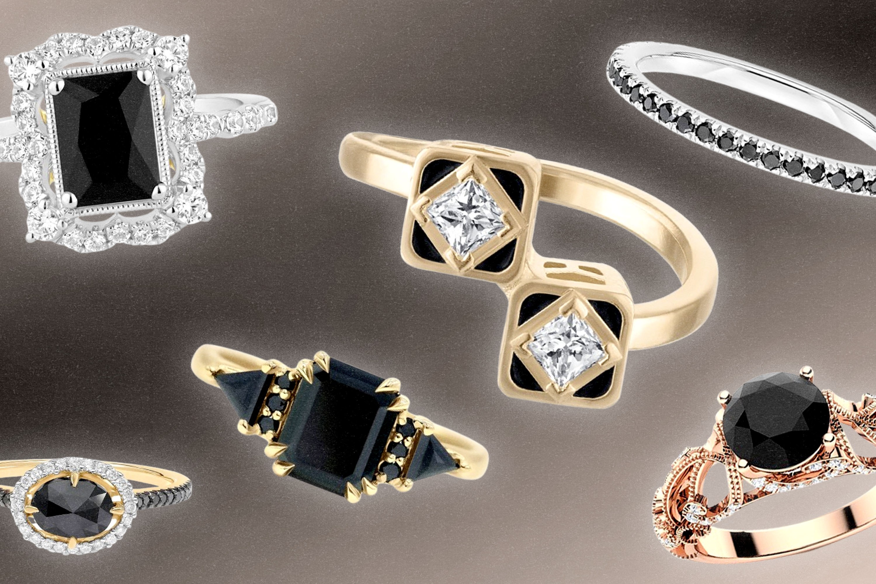 A collage of black wedding rings.