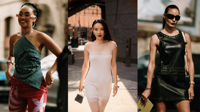 Three fashion week guests wearing classic bangle bracelets.