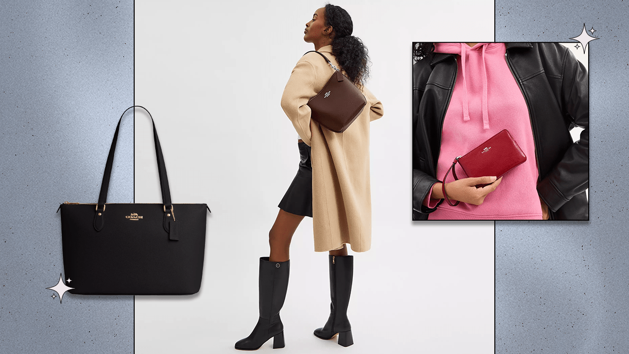 Left to Right: Coach Outlet Gallery Tote Bag in black, Coach Outlet model wearing the City Bucket Bag in brown, Coach Outlet model up close shot of the Corner Zip Wristlet in red.