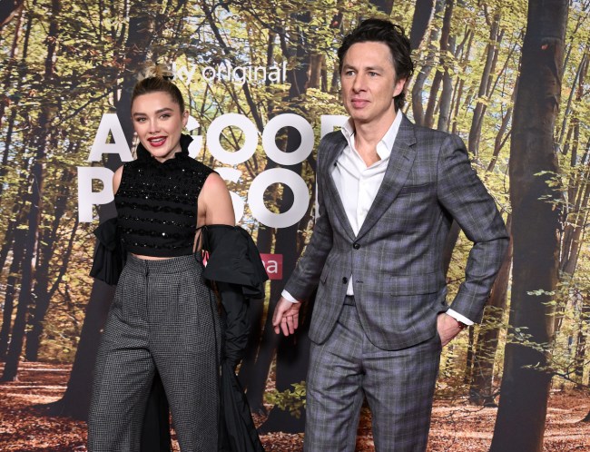LONDON, ENGLAND - MARCH 08: (L-R) Florence Pugh and Zach Braff attend the "A Good Person" UK Premiere at The Ham Yard Hotel on March 08, 2023 in London, England.