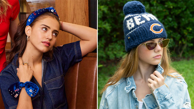 Left: Lele Sadoughi model wearing the blue Buffalo Bills headband; Right: Lele Sadoughi model wearing the blue Chicago Bears beanie.