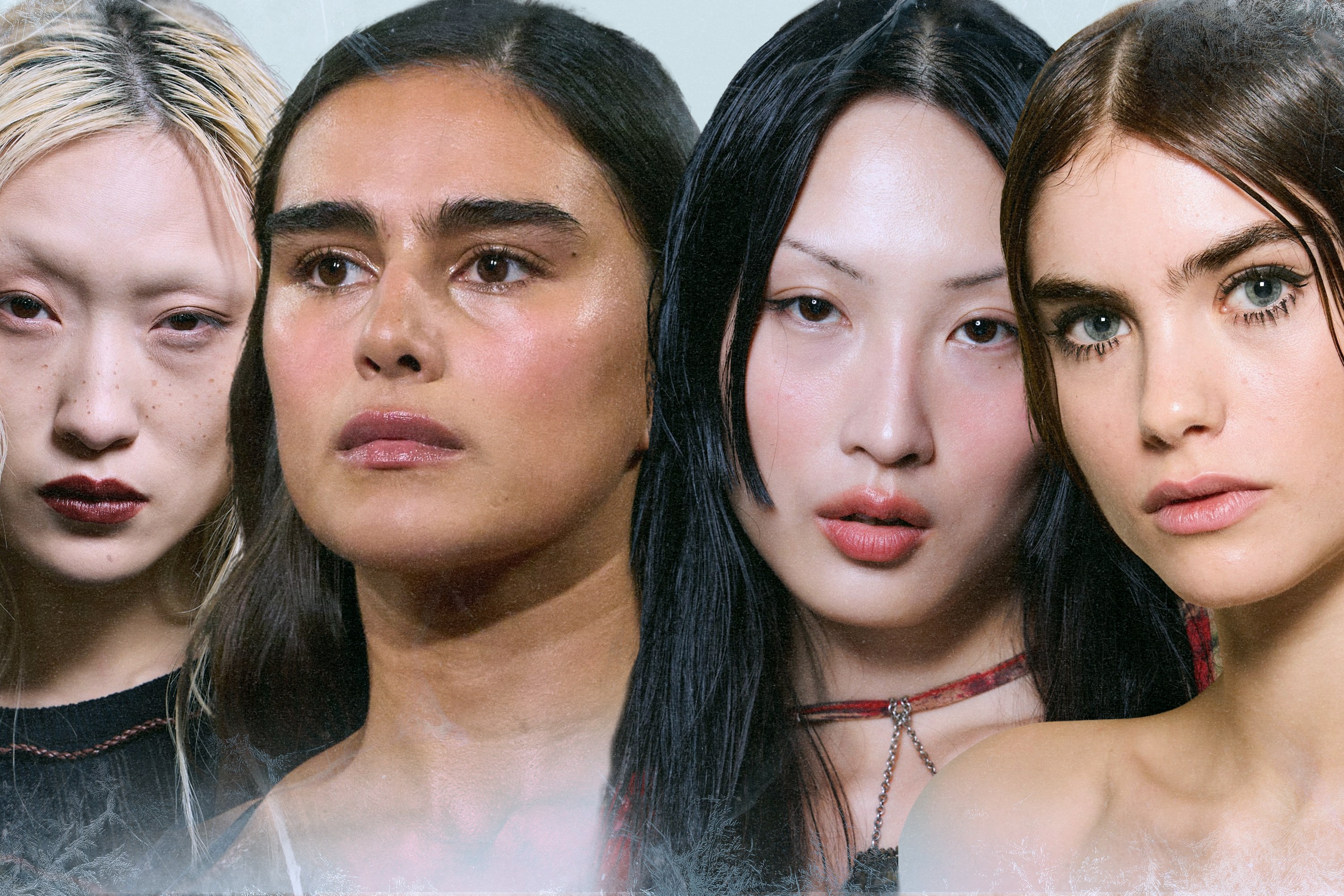 Fashion week models wearing the 2024 winter makeup trends.