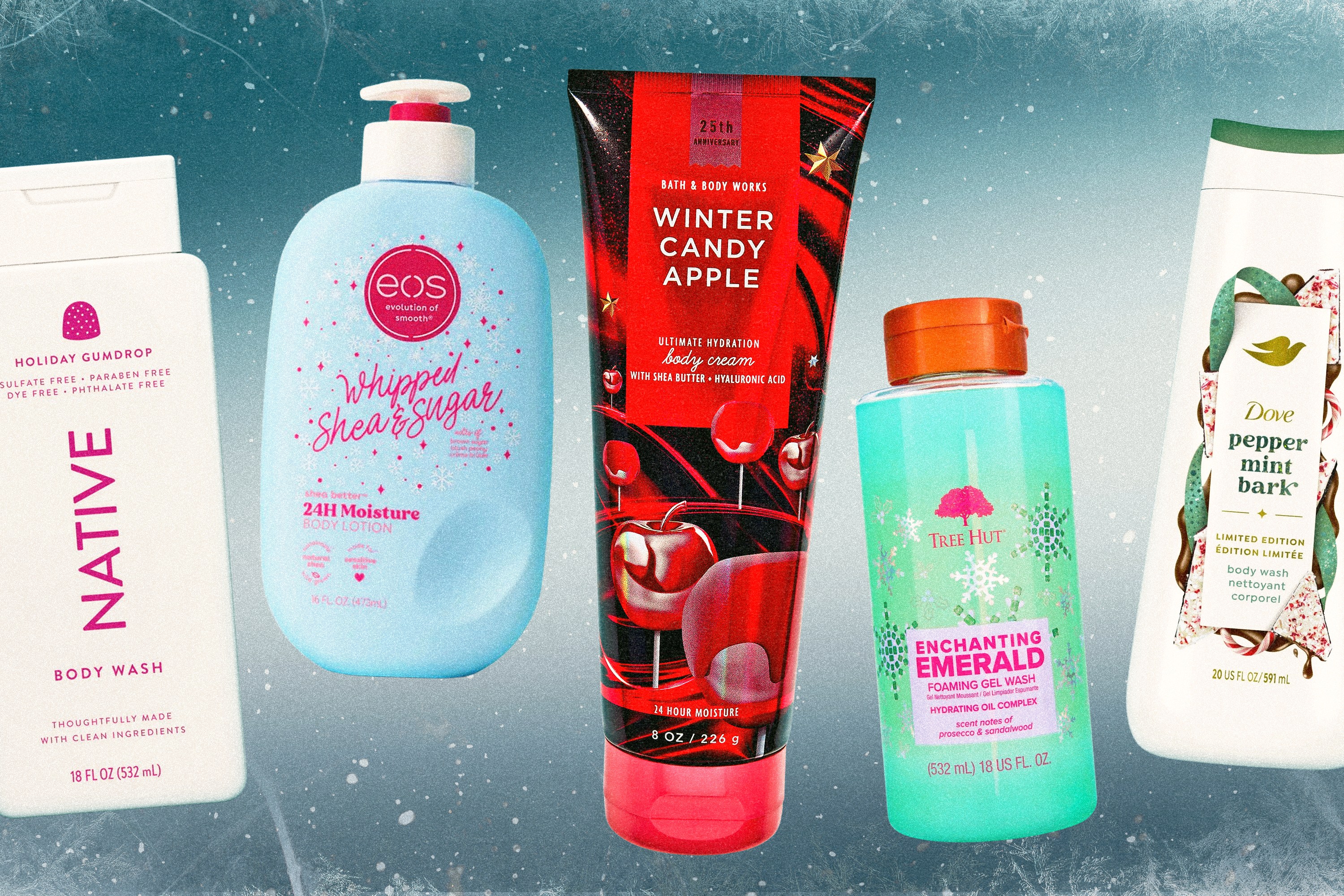 Native, EOS, Bath & Body Works, Tree Hut, and Dove holiday scented body products.