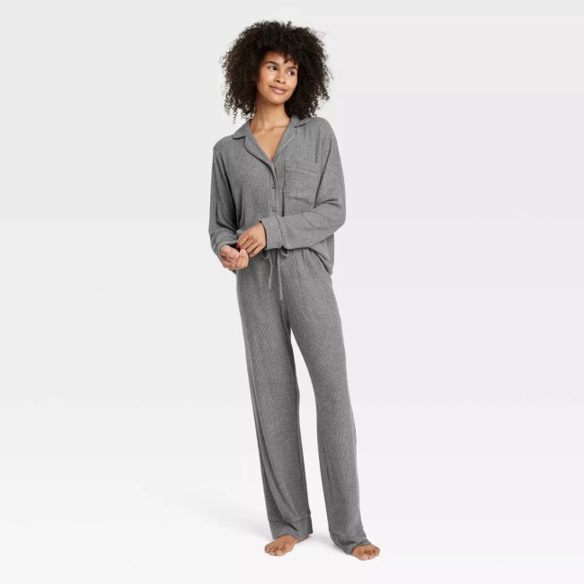Auden Cozy Ribbed Long Sleeve Notch Collar Shirt and Pants Pajama Set