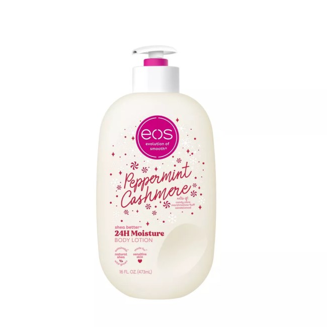 EOS Peppermint Cashmere Holiday Body Lotion in a white bottle.