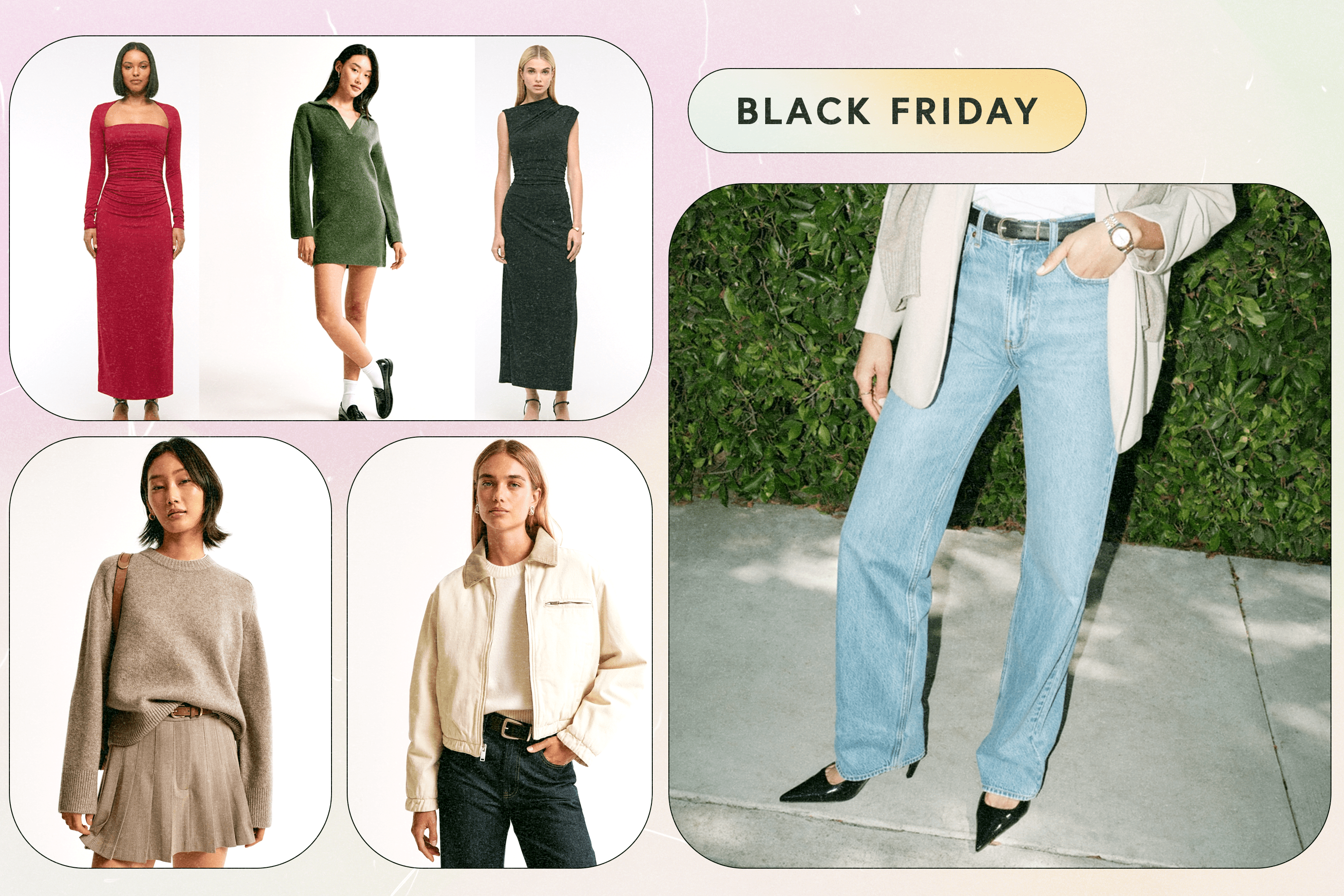 Models wearing Abercrombie & Fitch dresses, sweaters, jackets, and jeans