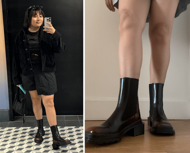 Lea wearing the Dr. Martens Maybole Square Toe Chelsea Boots in Black/ Cherry Red Brush Off.