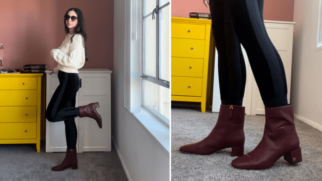 Roya wearing the Franco Sarto Flexa Fabiene Bootie in Berry Red Leather