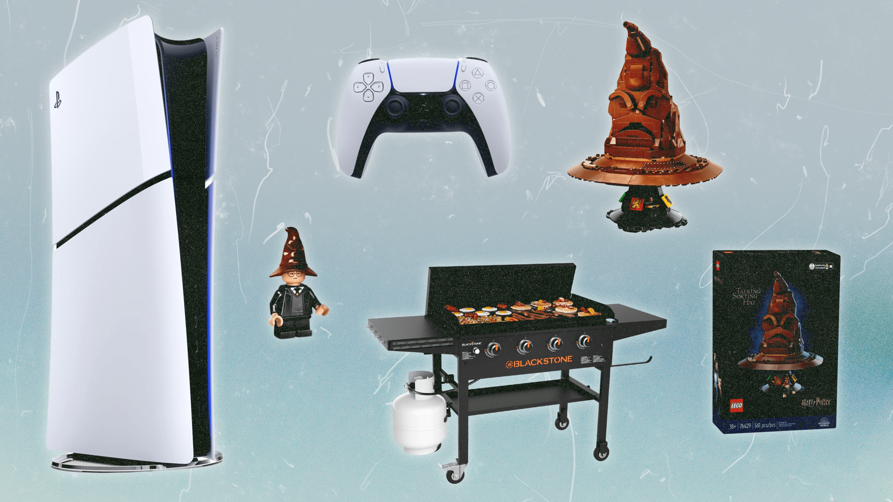 Left to Right: The PlayStation 5, a Harry Potter hat sorting LEGO set, and a large, black griddle.