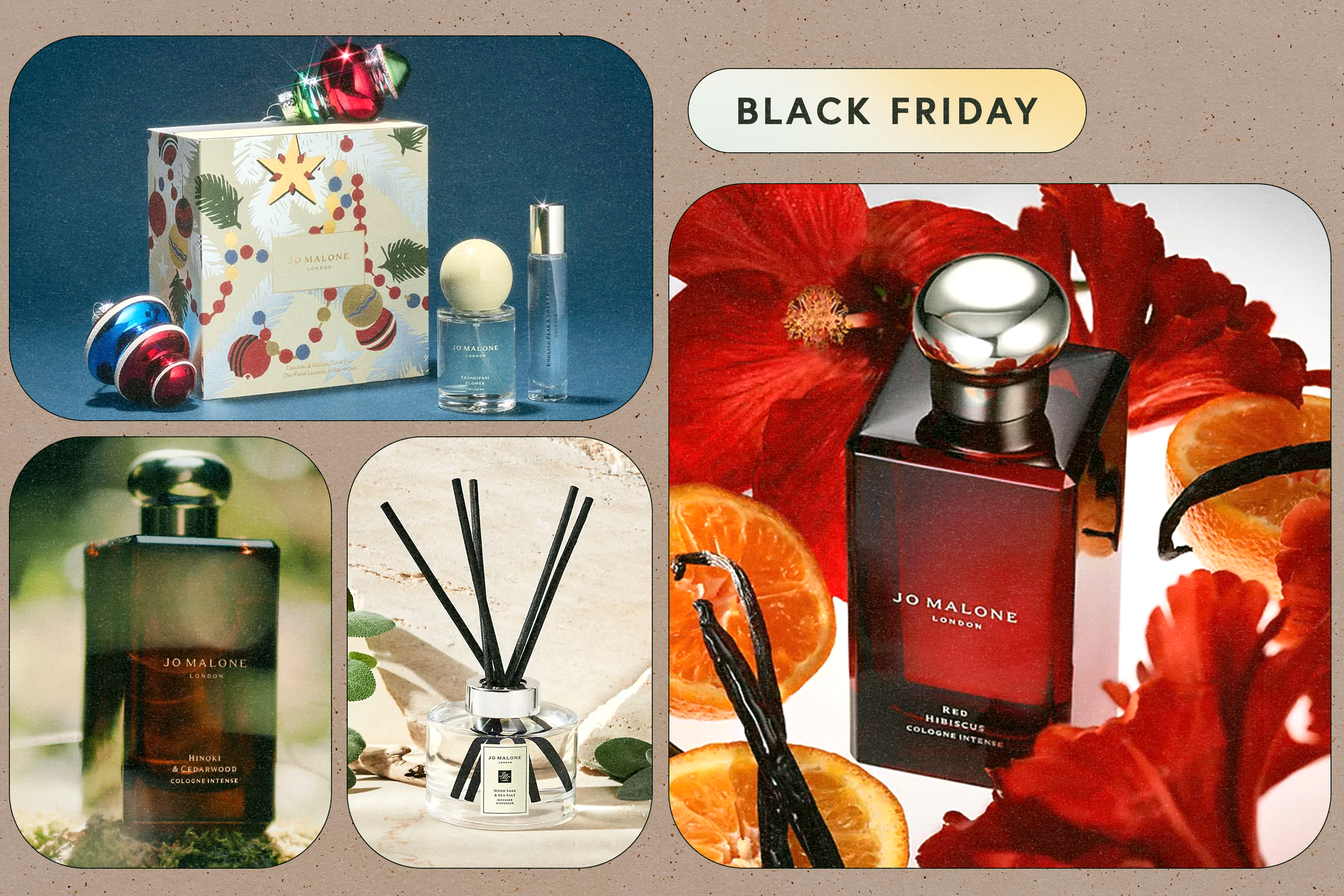 A Jo Malone gift set, a Jo Malone cologne, a Jo Malone scent diffuser, a Jo Malone cologne