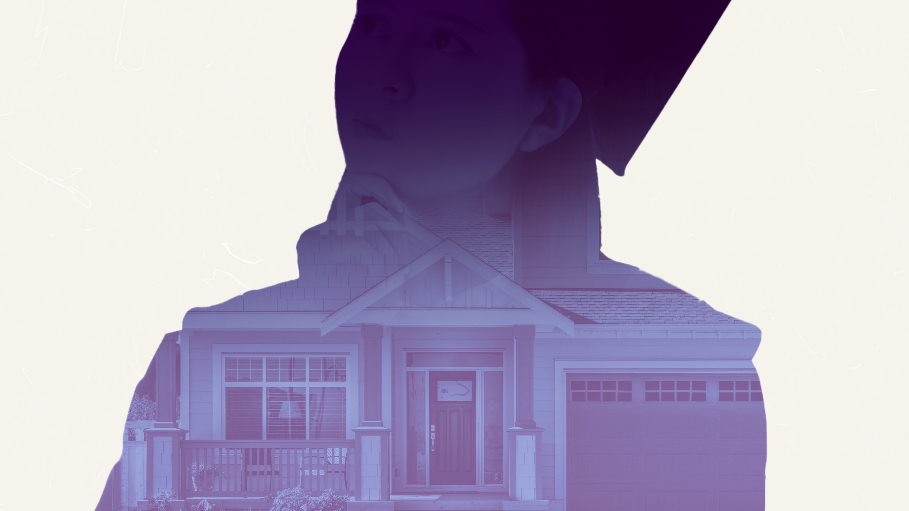 Girl in graduation cap ponders living in suburban house.