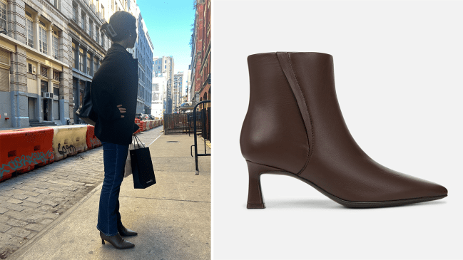 Jen wearing the Naturalizer Deesha Bootie in brown.