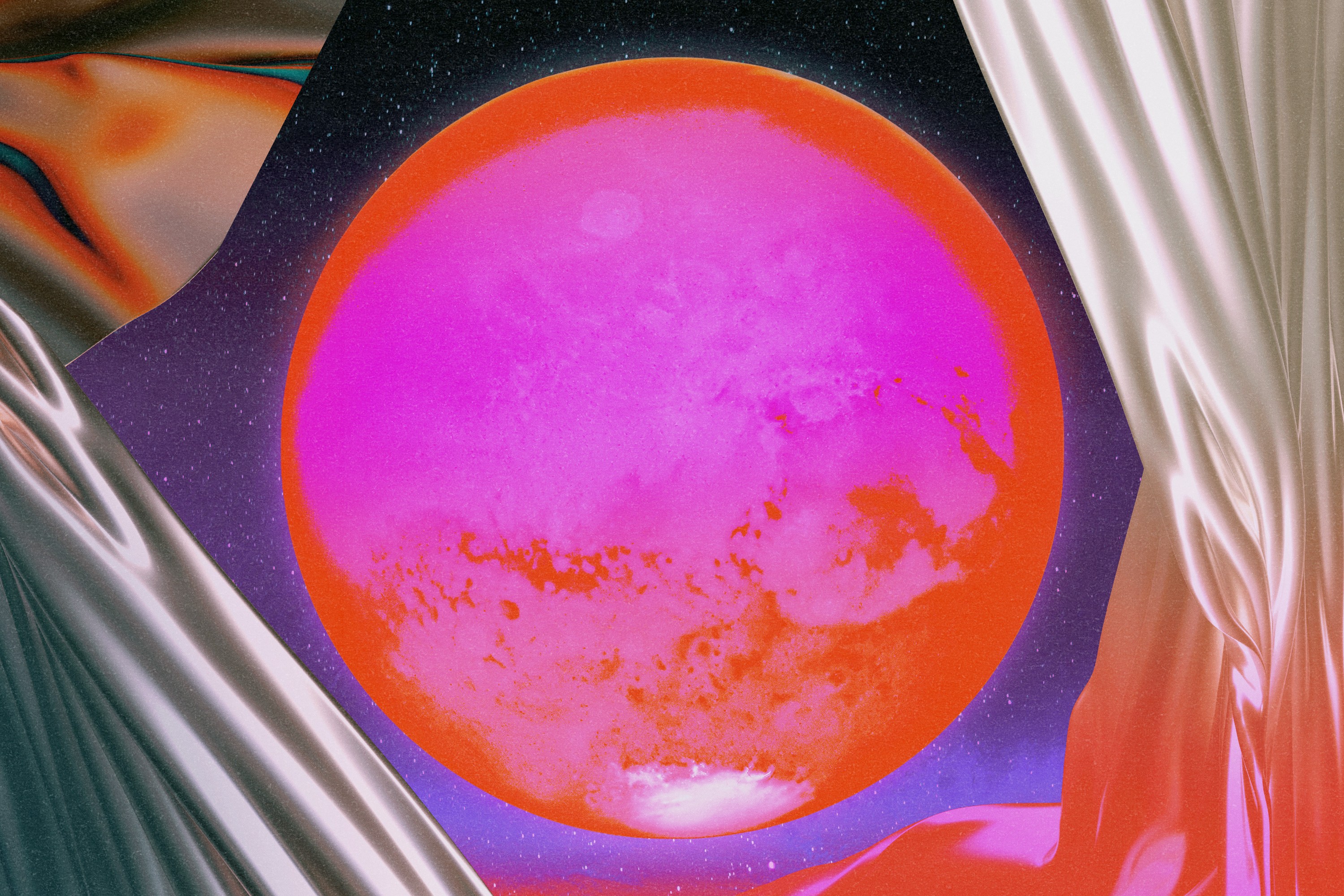 Planet Mars in hot pink hues surrounded by curtains swaying in the cosmic wind
