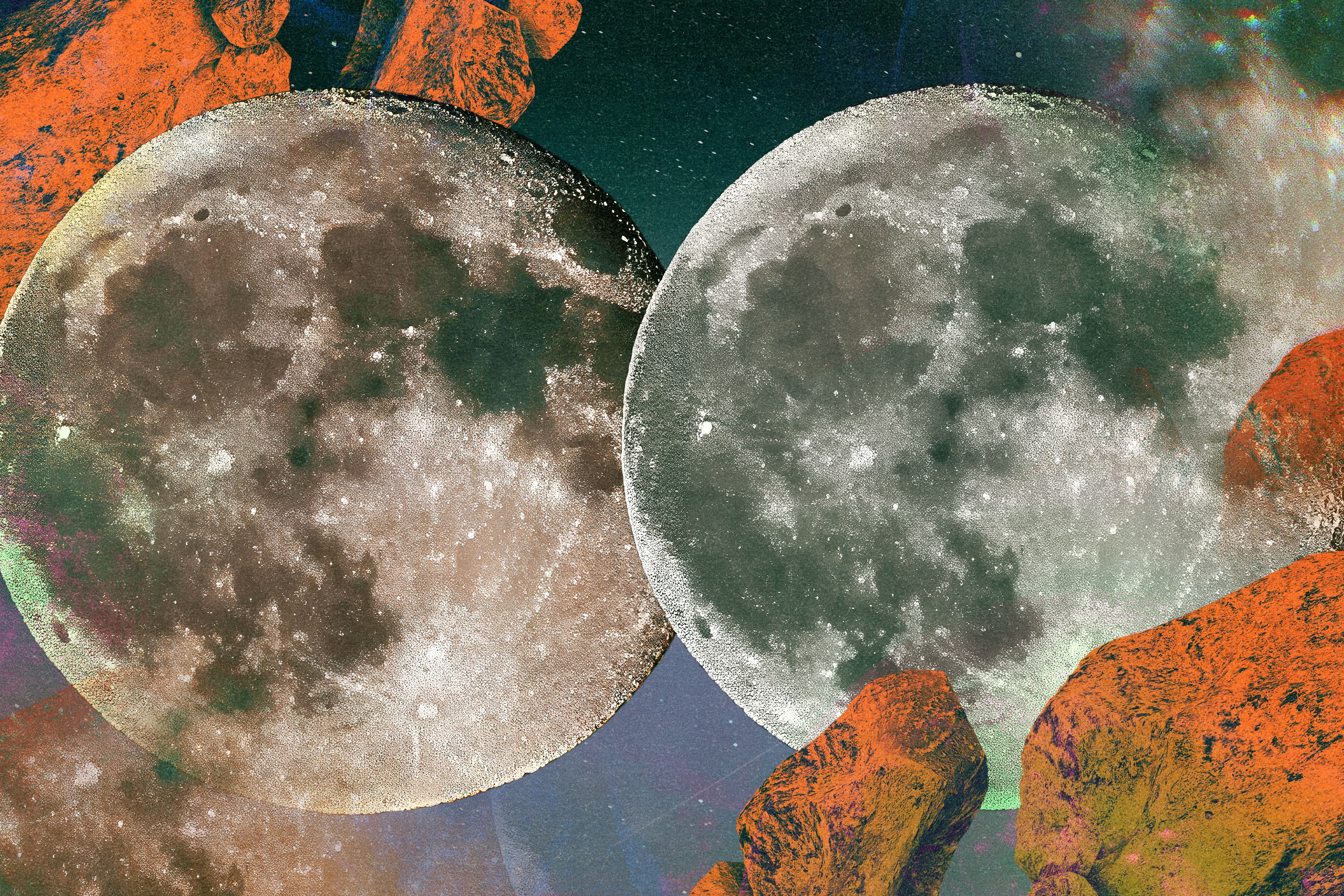 Two full moons surrounded by orange comets