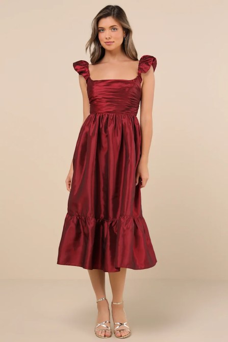 Lulus Poised Passion Wine Red Taffeta Pleated Ruffled Midi Dress