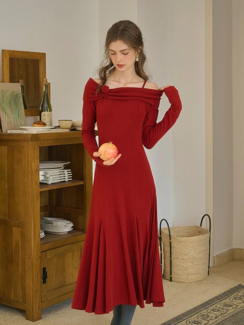 Simple Retro Lucille Elegant Off-Shoulder Rose Mid Dress