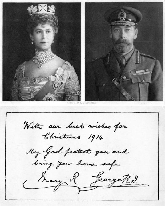 Royal christmas greeting card to the British troops, 1914. Front and back of postcard.
