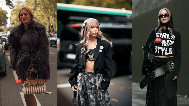 Fashion week guests with dusty pink rose hair.